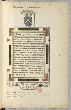 Reproduction de l'épitaphe à la cathédrale Notre-Dame d'Évreux de l'évêque Claude de Sainctes, dans Recueil de pièces, la plupart en copies ou en extraits, avec des dessins de sceaux et de tombeaux, pour servir à l'histoire des archevêques et des évêques de France, par Roger de Gaignières 1650-1700 Photo